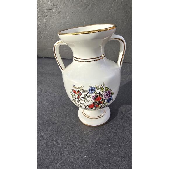Vintage Manousakis Keramik Greek Twin Handle Vase Butterfly Floral Gold Trim - Picture 1 of 9
